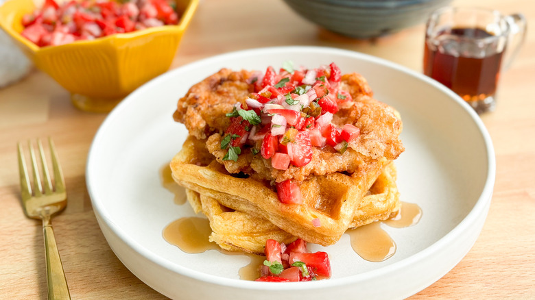 chicken and waffles with strawberry salsa