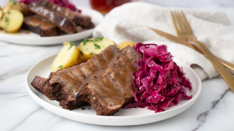 sauerbraten with cabbage and potatos