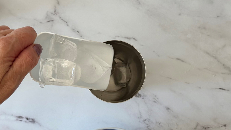 Hand scooping ice cubes into cocktail shaker