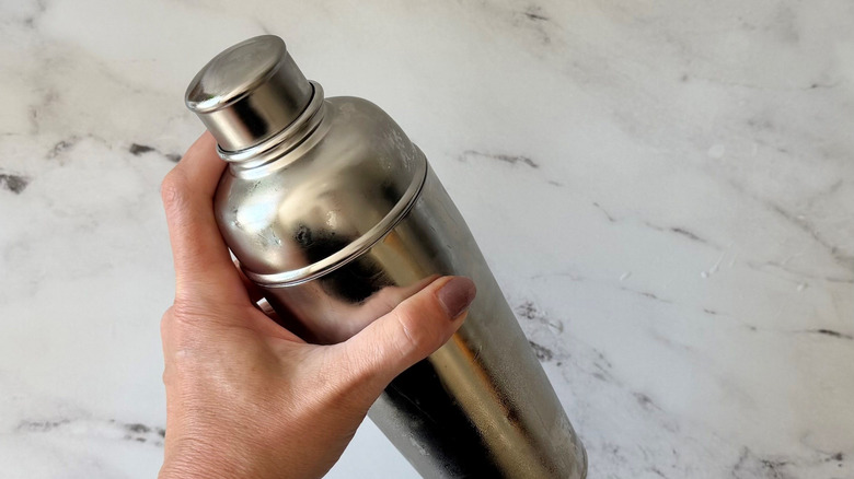 Hand holding cocktail shaker