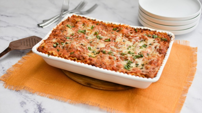 A dish of lasagna ready for serving