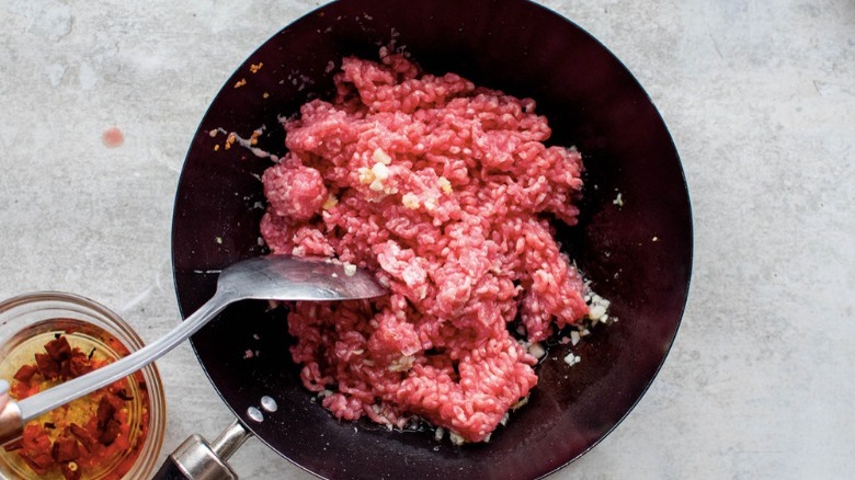ground pork in skillet