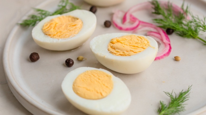halved eggs on plate