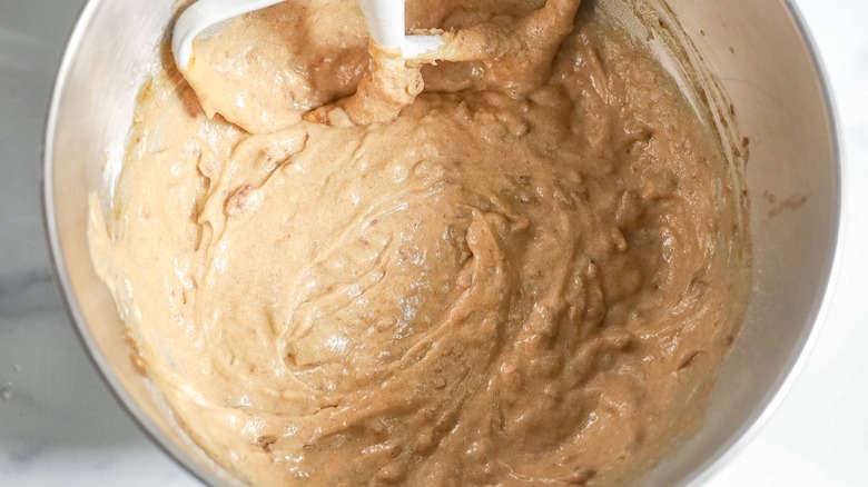 Sticky toffee pudding batter in stand mixer bowl