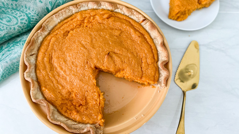 sweet potato pie in dish 