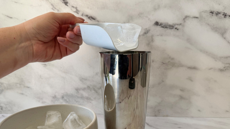 Hand scooping ice into cocktail shaker