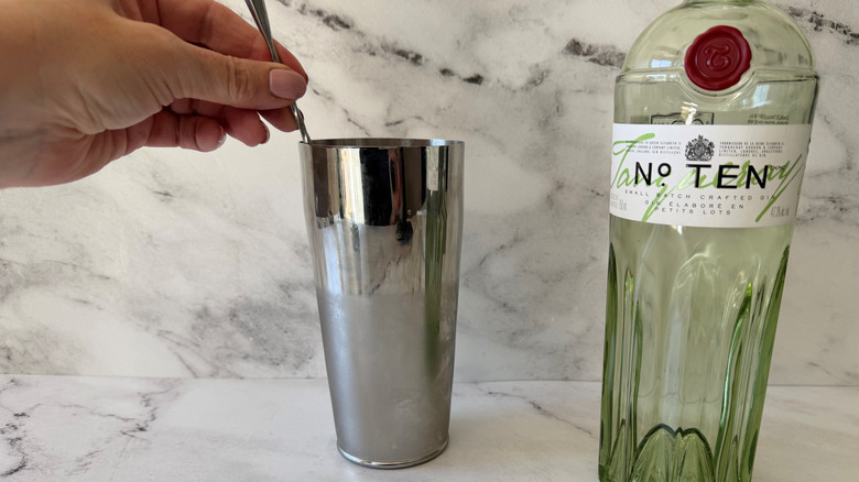 Hand stirring in cocktail shaker next to bottle of gin