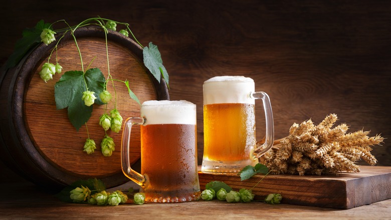 Two steins of beer with hops and grain
