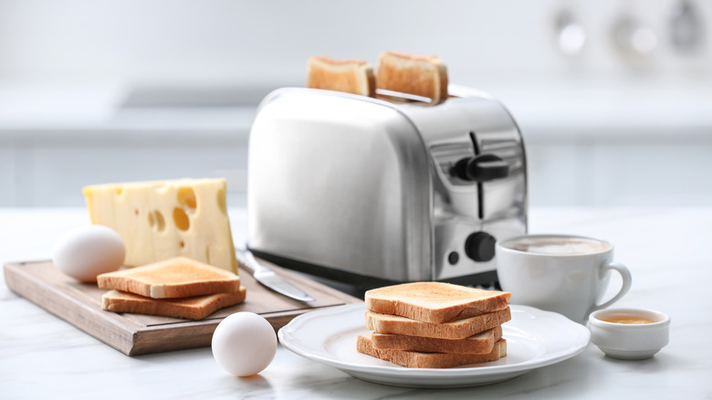 toaster, cheese, eggs, and coffee