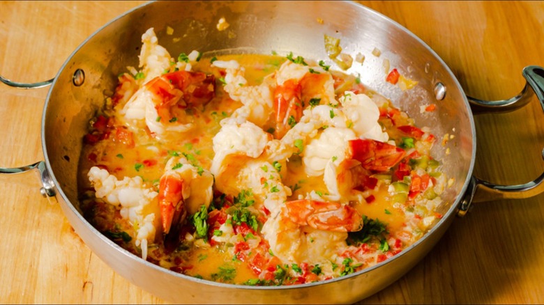 shrimp and sauce in pan