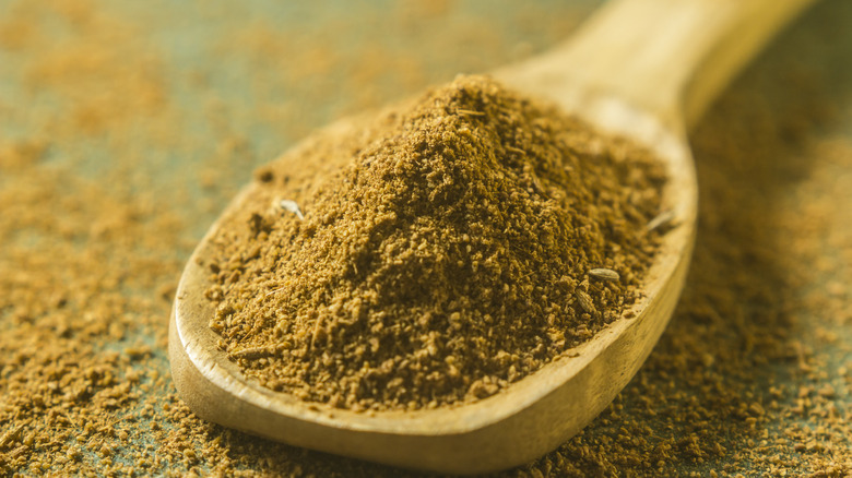 ground cumin powder on a wooden spoon