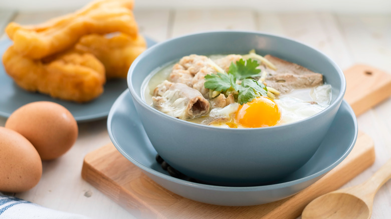 Congee in a blue bowl