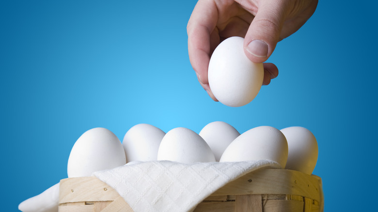 Person putting eggs in basket