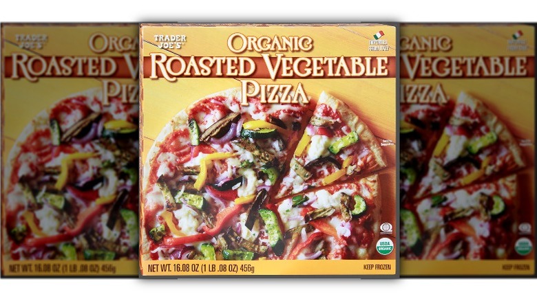 Box of Trader Joe's organic roasted vegetable pizza against white background.