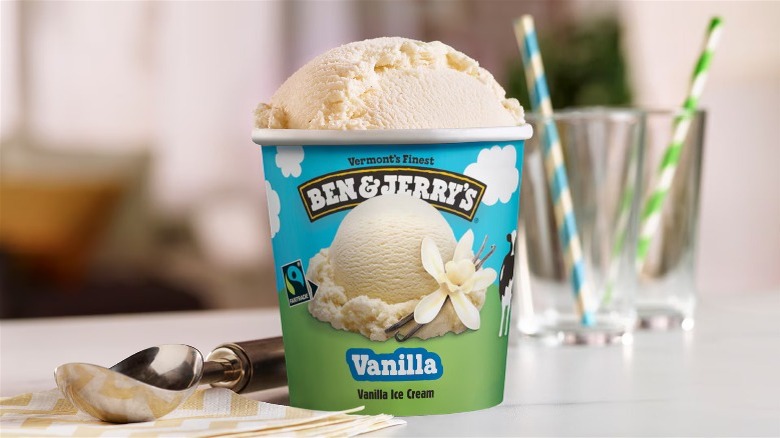 Open pint of Ben & Jerry's vanilla ice cream
