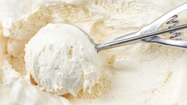 Metal ice cream scoop scooping vanilla ice cream