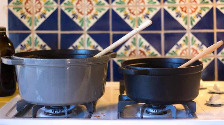 Two Dutch ovens next to one another on stove burners