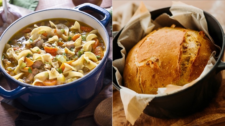 Stew in Dutch oven and bread baked in Dutch oven