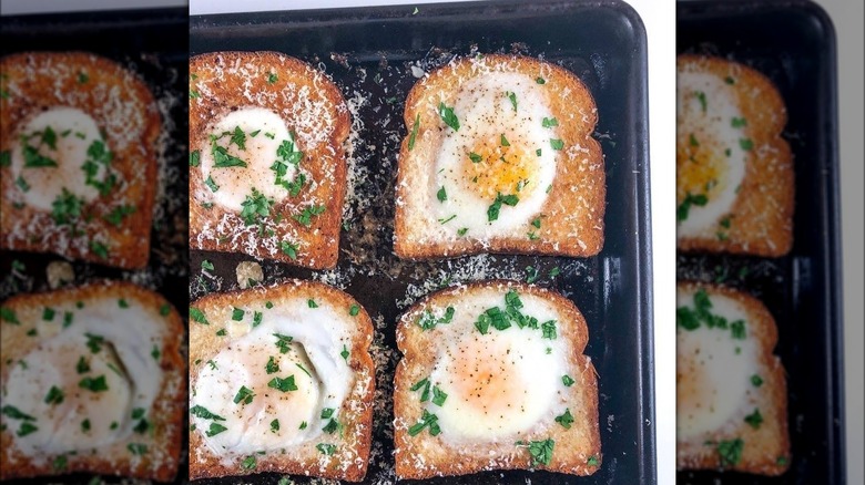 Eggs-in-a-hole on a sheet pan