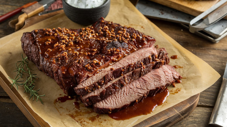 Sliced brisket on parchment paper on a wooden tray with sauce.