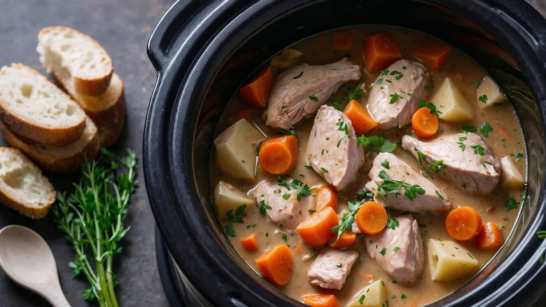 slow cooker with meat and vegetables
