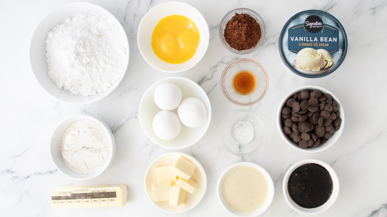 baking ingredients with chocolate sauces and ice cream