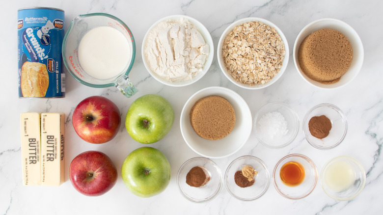 canned biscuits, apples, and baking ingredients