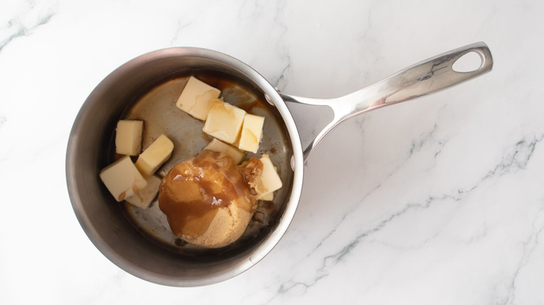 Caramel ingredients in saucepan