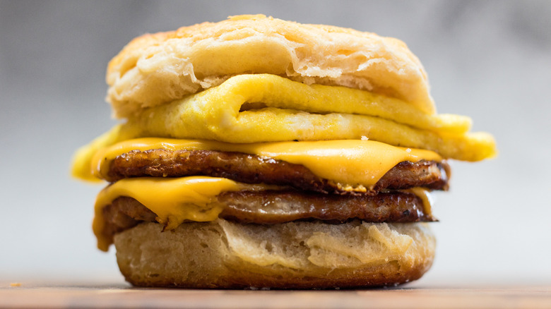 A Copycat Burger King Double Sausage, Egg, & Cheese Biscuit served on a counter