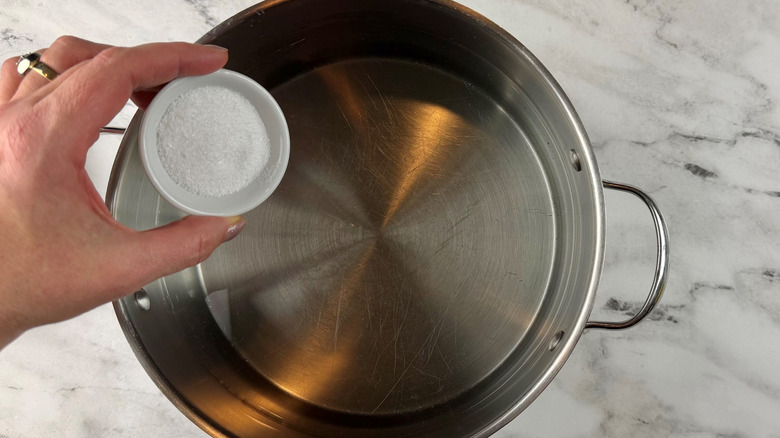 hand holding salt over a pot of water