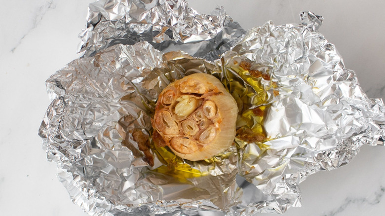 Roasted garlic wrapped in foil