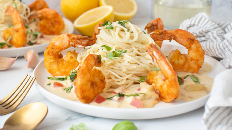 Shrimp scampi on plate