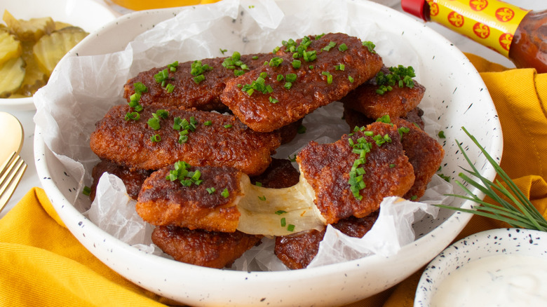 Nashville hot mozzarella sticks in bowl