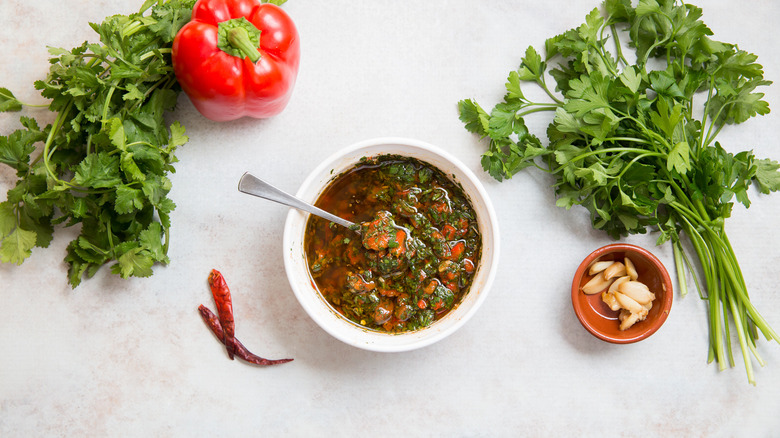 red chimichurri served on table