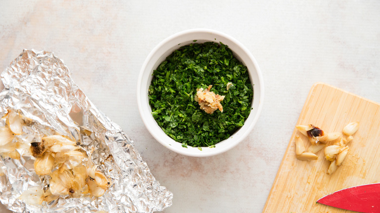 herbs and garlic in bowl