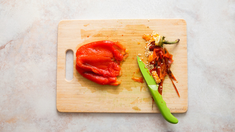 peeled roasted pepper on board