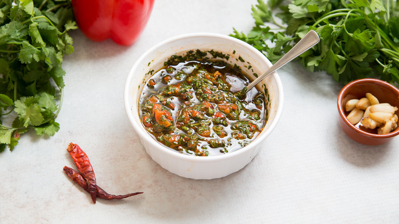 red chimichurri served on table