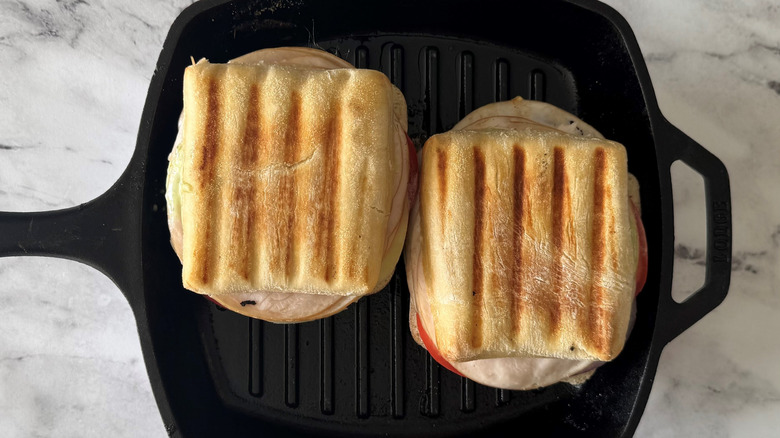 ridged sandwiches in a black pan