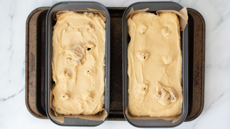 Unbaked coffee cakes in loaf pans