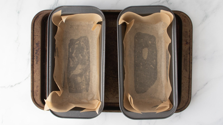 Loaf pans lined with parchment paper