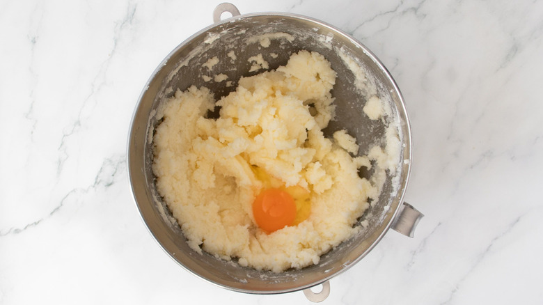 Butter, sugar, and egg mixture in bowl