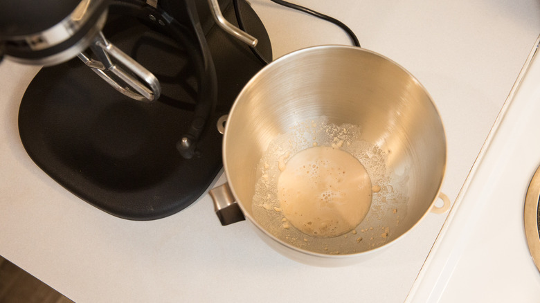 yeast mixture in metal bowl