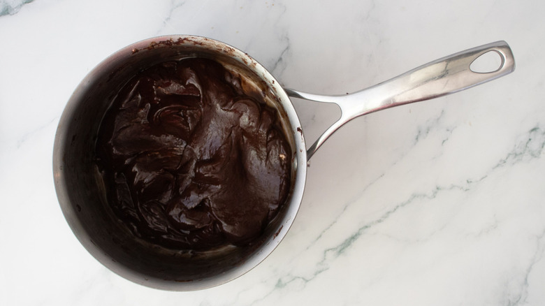 Thick chocolate mixture in saucepan