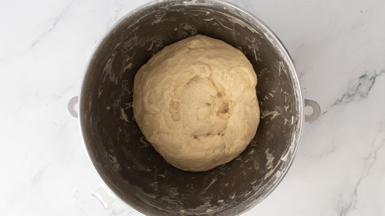 Dough ball in mixing bowl