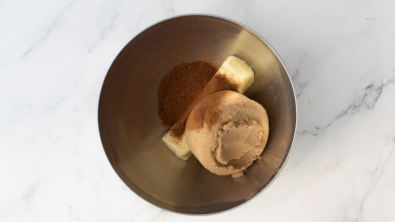 Butter, brown sugar, and cinnamon in bowl