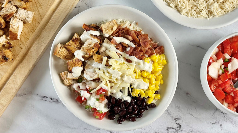 Chicken bacon ranch bowl with ranch drizzle