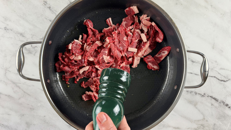 hand holding a large green salt or pepper grinder over a frying pan full of meat
