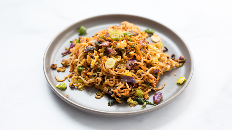chili ramen on gray plate