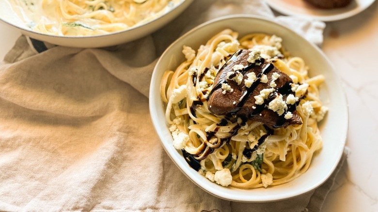 Steak Gorgonzola Fettuccini Alfredo in bowl