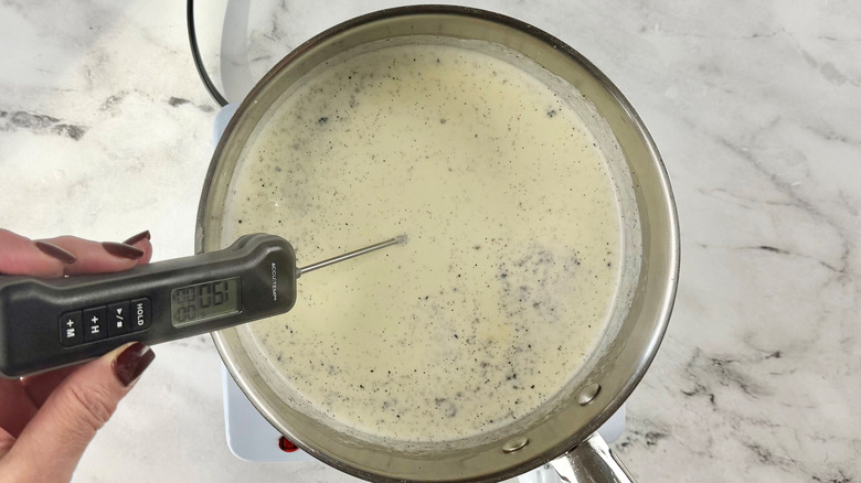 Hand holding thermometer in saucepan with cream